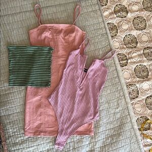 Green/white Tube Top, Pink Bodysuit and Pink Dress